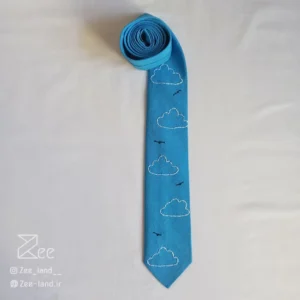 کراوات گلدوزی شده لینن یونیسکس با رنگ آبی آسمونی و با طرح ابر و پرنده گلدوزی شده با دست