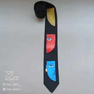 کراوات خاص فانتزی لینن یونیسکس به رنگ مشکی و با طرح سه نیمرخ زرد، قرمز و آبی نقاشی و چاپ شده