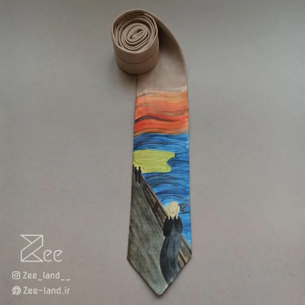 کراوات خاص فانتزی لینن یونیسکس به رنگ کرمی و با طرح تابلو نقاشی جیغ اثر ادوارد مونک، نقاشی و چاپ شده