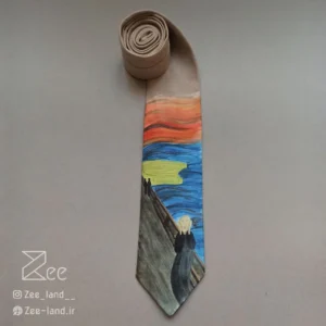 کراوات خاص فانتزی لینن یونیسکس به رنگ کرمی و با طرح تابلو نقاشی جیغ اثر ادوارد مونک، نقاشی و چاپ شده