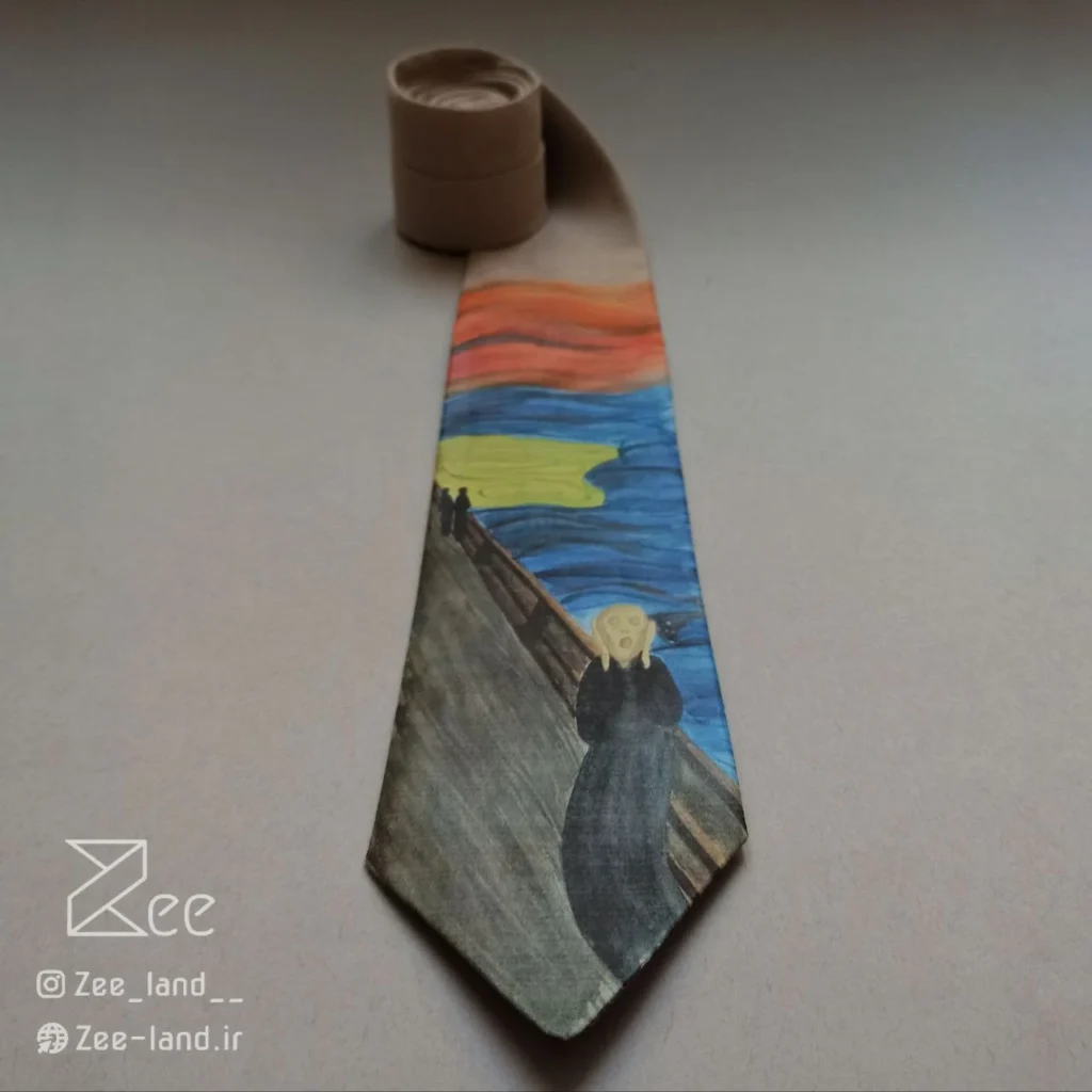 جزئیات کراوات خاص فانتزی لینن یونیسکس به رنگ کرمی و با طرح تابلو نقاشی جیغ اثر ادوارد مونک، نقاشی و چاپ شده