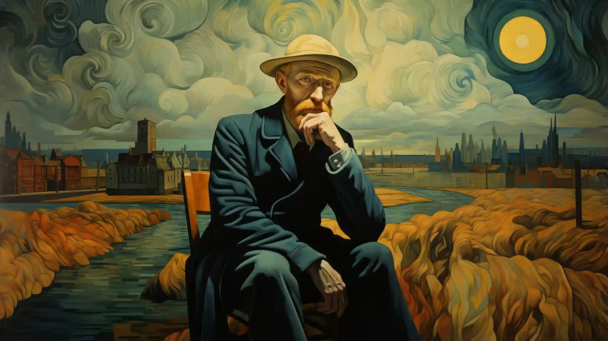 فلسفه آثار ونگوگ | وینسنت ونگوگ در حالی که بر روی صندلی نشسته متفکرانه دست زیر چانه‌اش گذاشته و به دوربین نگاه می‌کند