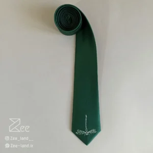 کراوات مجلسی ساتن، کراوات رسمی به رنگ سبز و با طرح سنجاقک، گلدوزی‌شده با دست