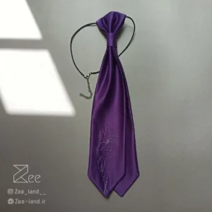 کراوات زنانه مجلسی ساتن، کراوات رسمی گره آماده به رنگ بنفش و با طرح یک شاخه گل، گلدوزی‌شده با دست